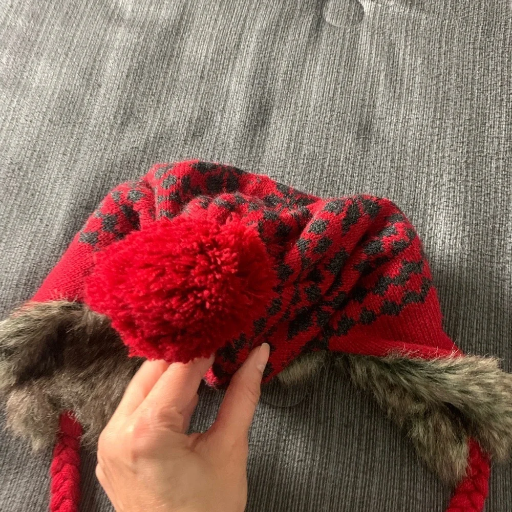 Vintage Faux Fur Christmas Snowflake Ski Winter Hat Red Grey